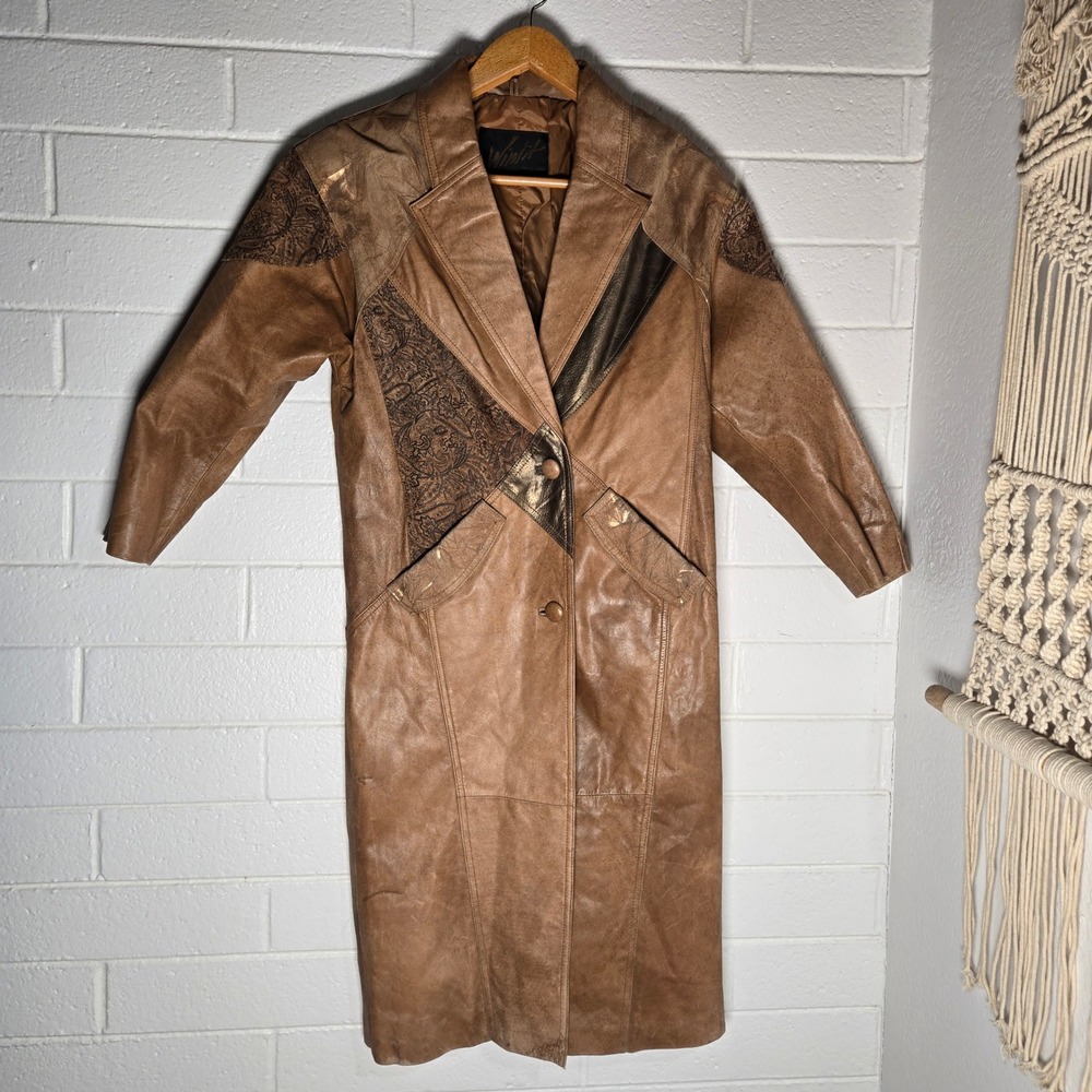 Vtg Suede Leather Trench Coat Small Paisley Steampunk Patchwork Mixed‎ Print Art